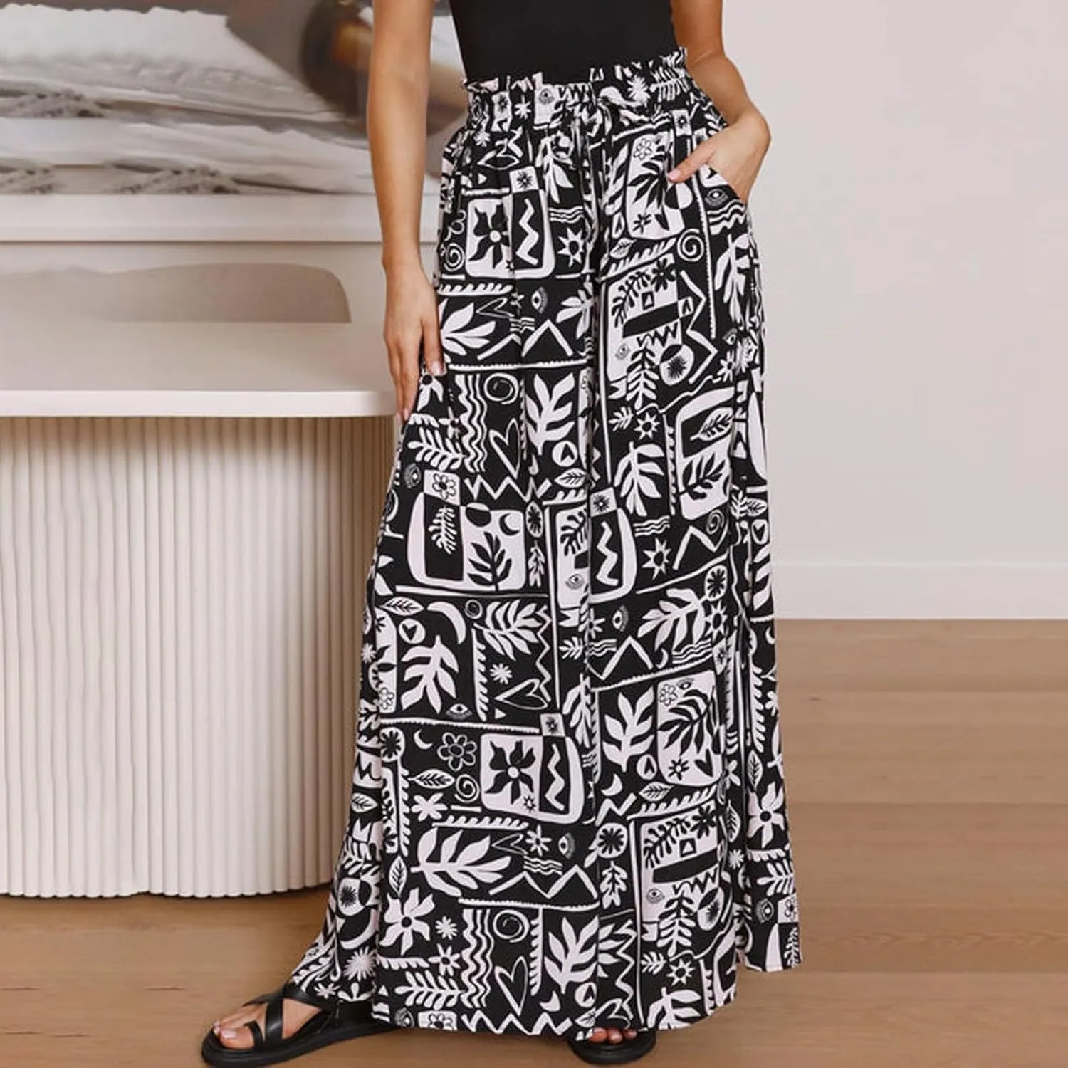 Miyaomn Womens Casual Elastic Waist Wide Leg Pants 2024 Summer Floral Solid Flowy Pockets Palazzo Pants Lounge Beach Trousers