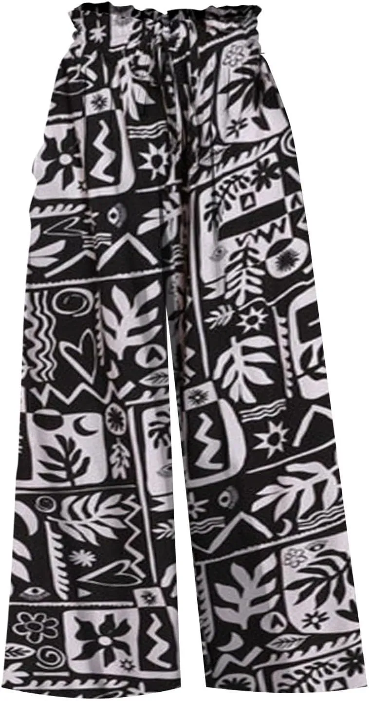 Miyaomn Womens Casual Elastic Waist Wide Leg Pants 2024 Summer Floral Solid Flowy Pockets Palazzo Pants Lounge Beach Trousers