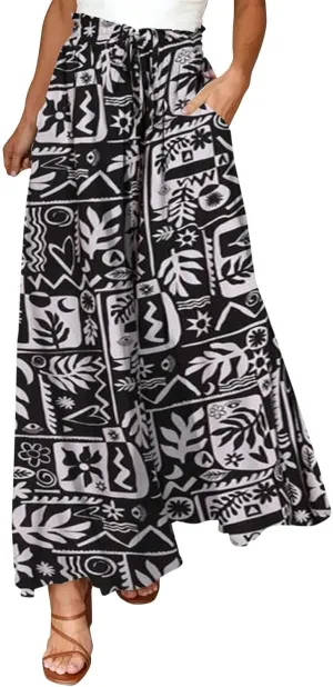 Miyaomn Womens Casual Elastic Waist Wide Leg Pants 2024 Summer Floral Solid Flowy Pockets Palazzo Pants Lounge Beach Trousers
