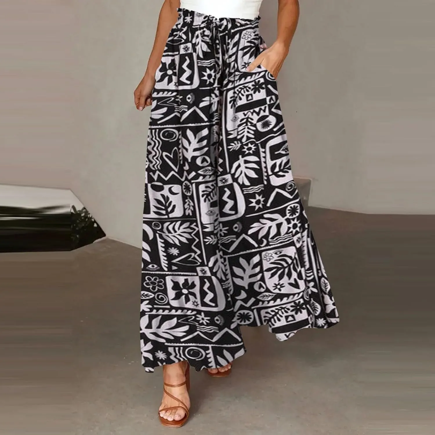 Miyaomn Womens Casual Elastic Waist Wide Leg Pants 2024 Summer Floral Solid Flowy Pockets Palazzo Pants Lounge Beach Trousers