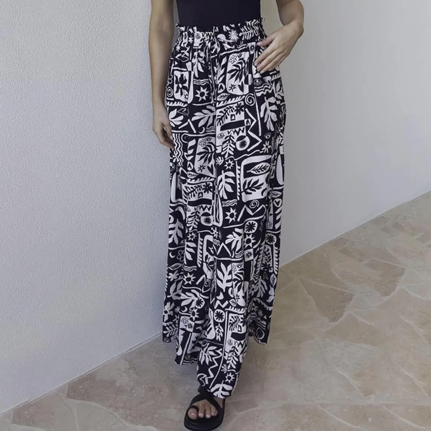 Miyaomn Womens Casual Elastic Waist Wide Leg Pants 2024 Summer Floral Solid Flowy Pockets Palazzo Pants Lounge Beach Trousers