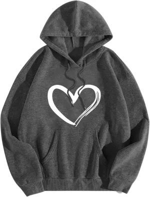 Mmoneyake Womens Graphic Hoodie Casual Heart Print Long Sleeve Pullover Fall Oversized Crew Neck Sweatshirt Trendy Streetwear
