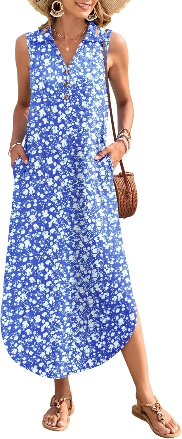 MOLERANI Women's Casual V Neck Maxi Dress Summer Long Sleeveless Sundress with Button 2025 Loose Fit Pockets