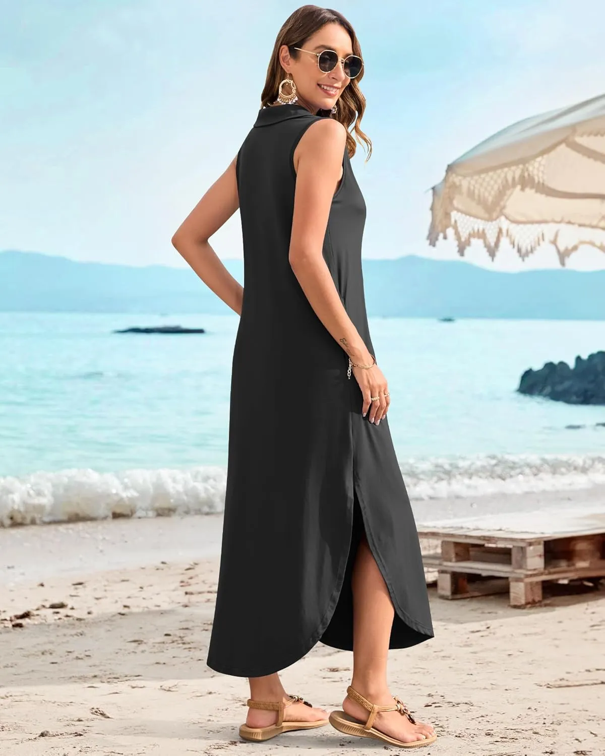 MOLERANI Women's Casual V Neck Maxi Dress Summer Long Sleeveless Sundress with Button 2025 Loose Fit Pockets
