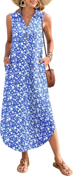MOLERANI Women's Casual V Neck Maxi Dress Summer Long Sleeveless Sundress with Button 2025 Loose Fit Pockets
