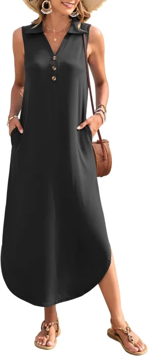 MOLERANI Women's Casual V Neck Maxi Dress Summer Long Sleeveless Sundress with Button 2025 Loose Fit Pockets