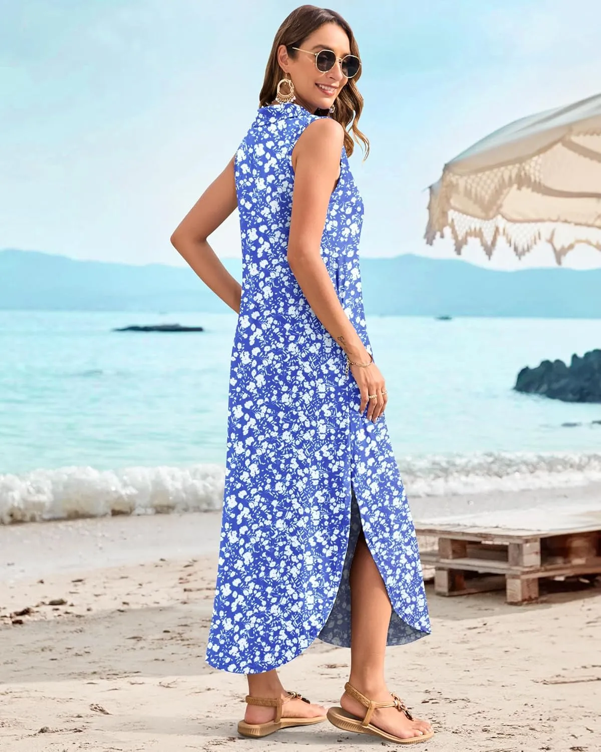 MOLERANI Women's Casual V Neck Maxi Dress Summer Long Sleeveless Sundress with Button 2025 Loose Fit Pockets
