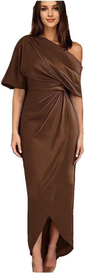 Mother of The Bride Dress for Wedding One Shoulder Satin Tea Length with Sleeves Sheath Slit Formal Evening Dress