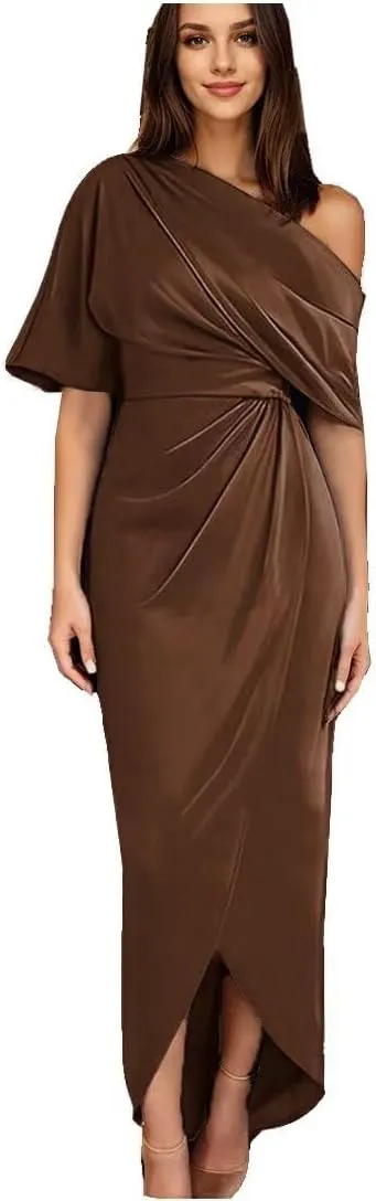 Mother of The Bride Dress for Wedding One Shoulder Satin Tea Length with Sleeves Sheath Slit Formal Evening Dress