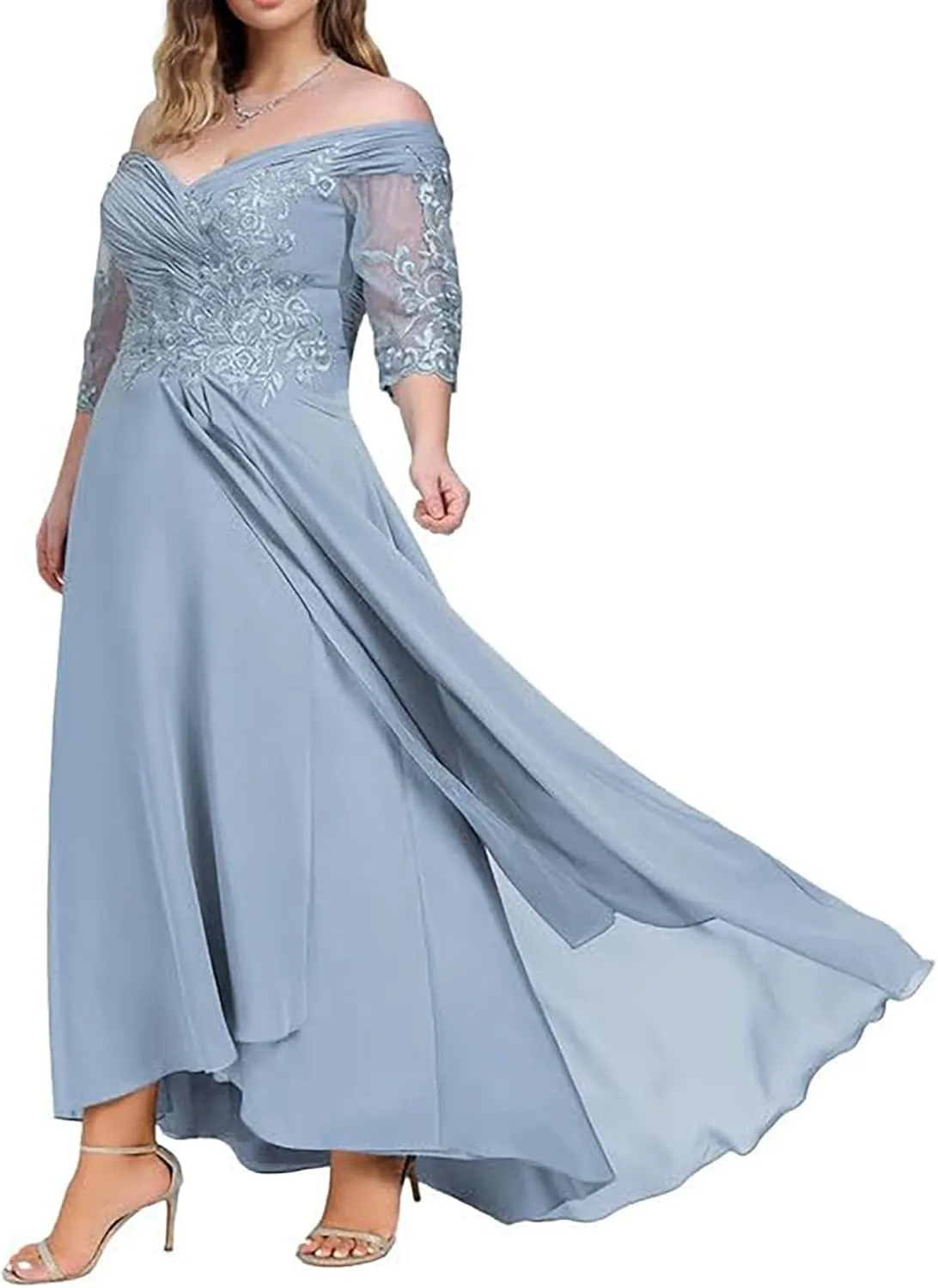 Mother of The Bride Dresses for Wedding 3/4 Sleeves Lace Chiffon Formal Dress for Women Plus Size