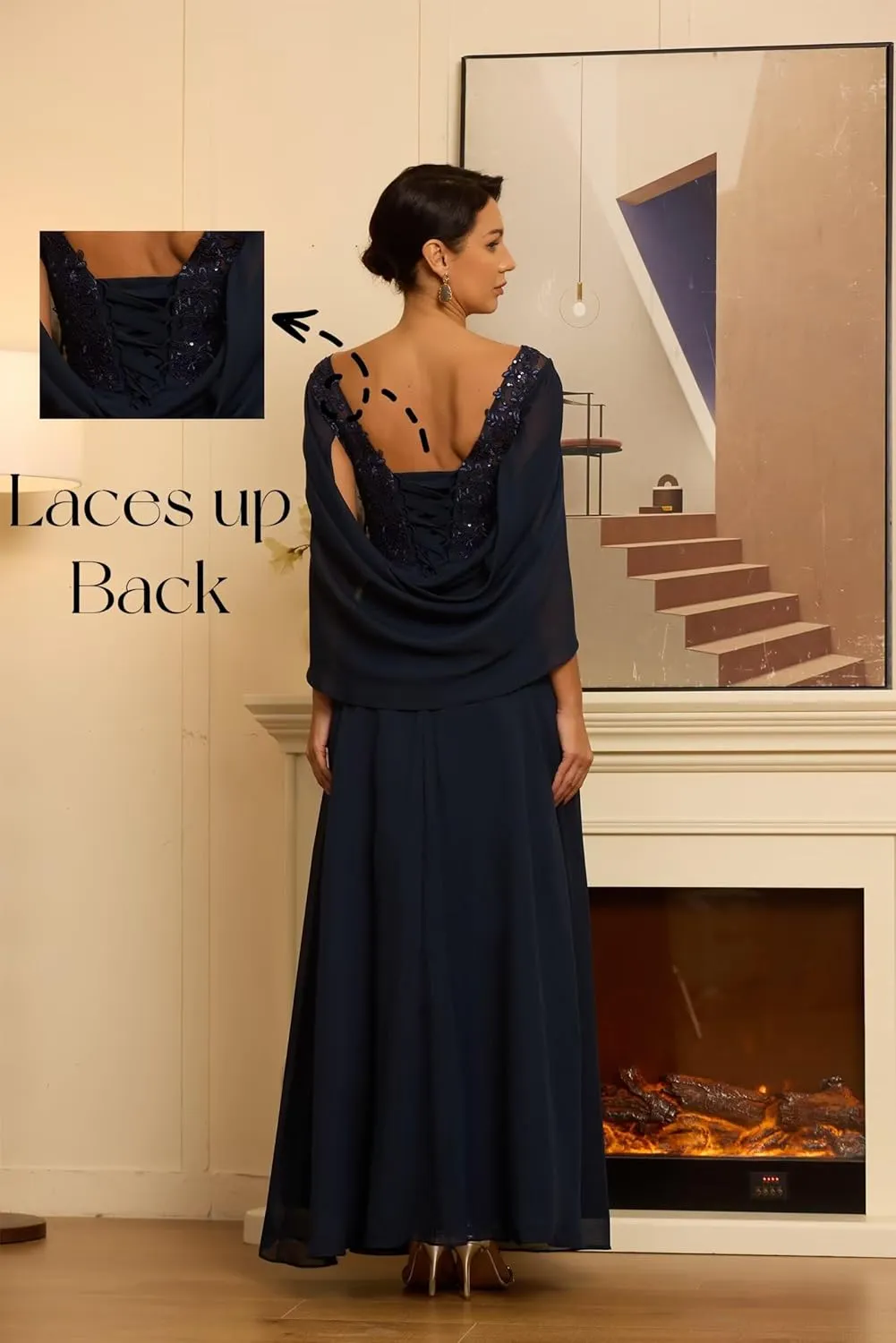 Mother of The Bride Dresses for Wedding with Cape Long Laces Appliques Chiffon Mother of The Groom Dress