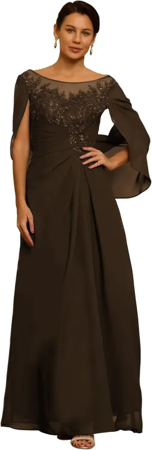 Mother of The Bride Dresses for Wedding with Cape Long Laces Appliques Chiffon Mother of The Groom Dress