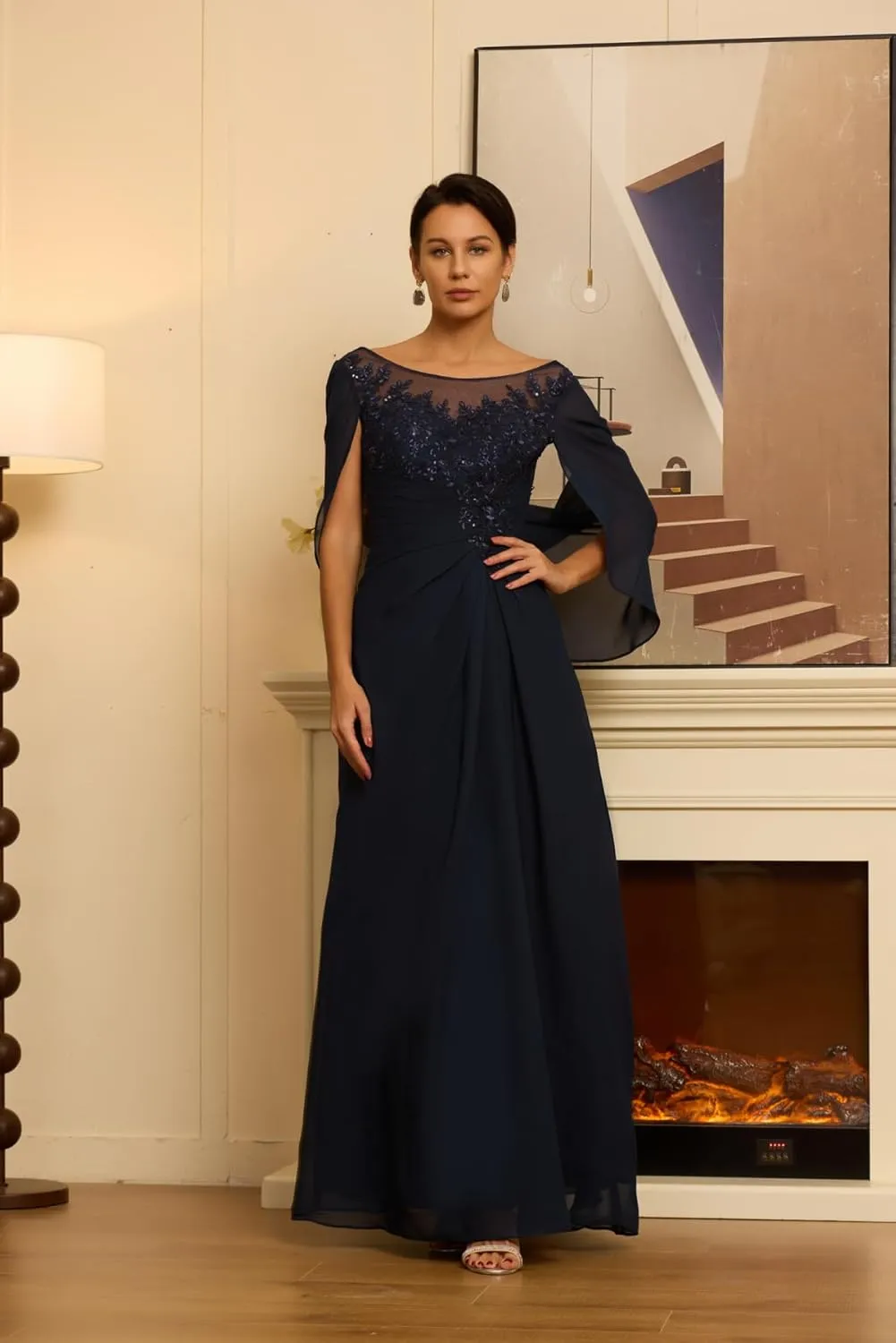 Mother of The Bride Dresses for Wedding with Cape Long Laces Appliques Chiffon Mother of The Groom Dress