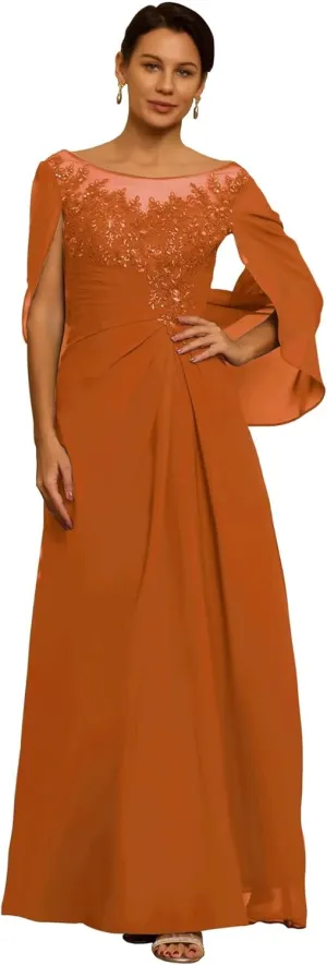 Mother of The Bride Dresses for Wedding with Cape Long Laces Appliques Chiffon Mother of The Groom Dress