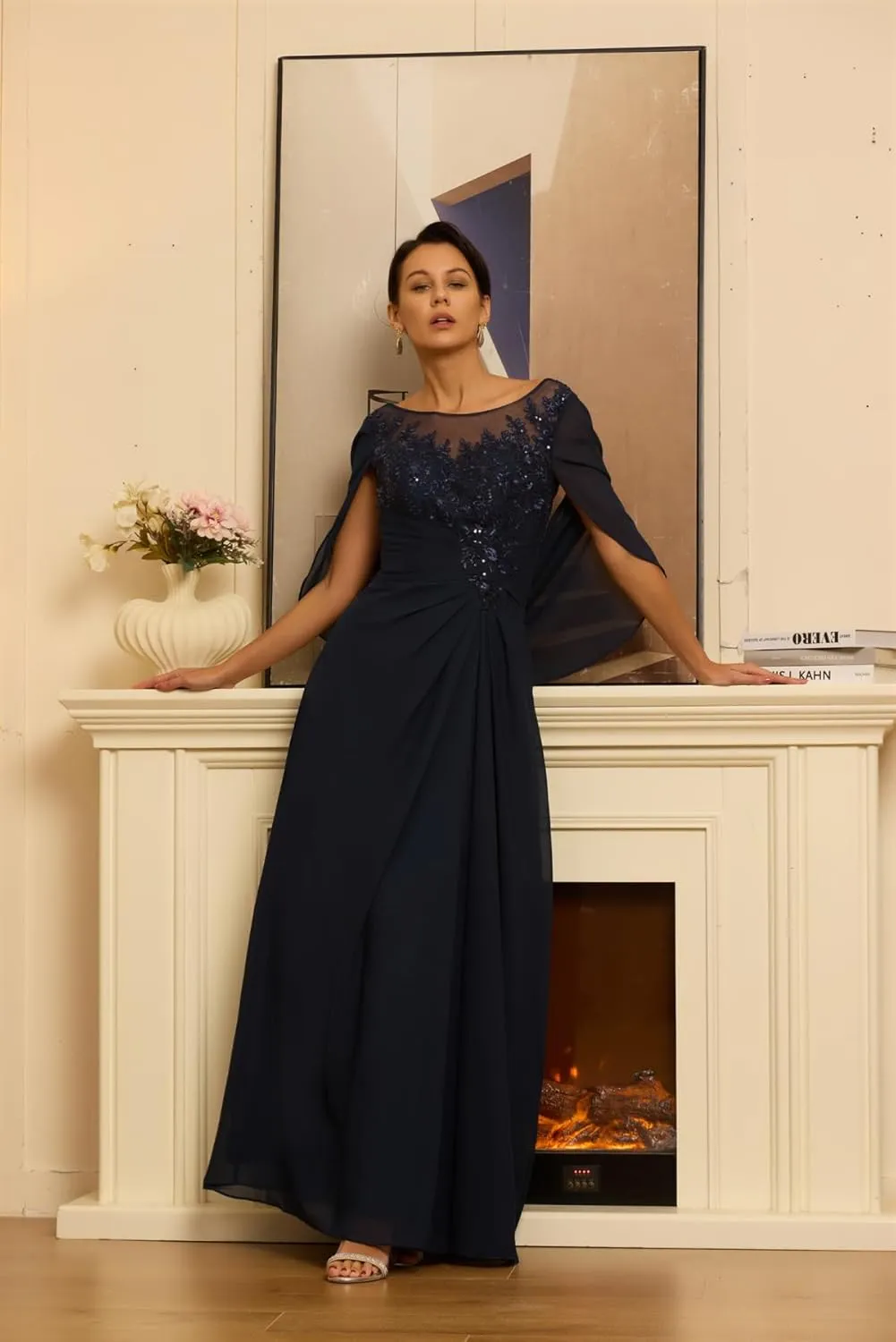 Mother of The Bride Dresses for Wedding with Cape Long Laces Appliques Chiffon Mother of The Groom Dress