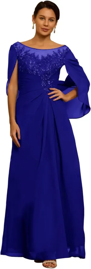 Mother of The Bride Dresses for Wedding with Cape Long Laces Appliques Chiffon Mother of The Groom Dress