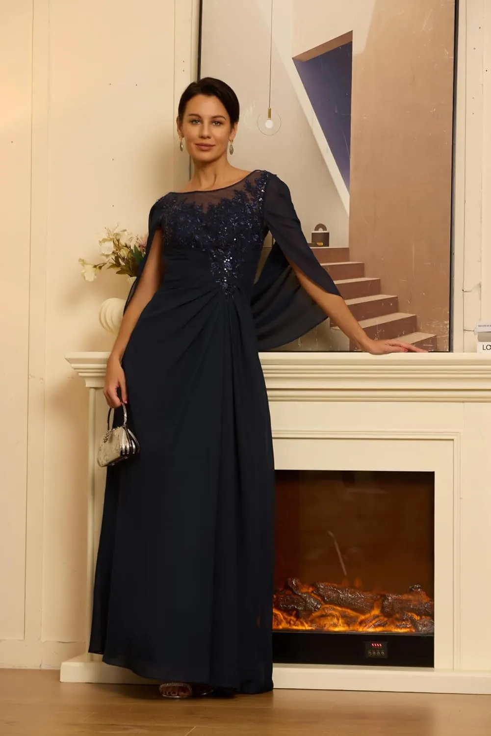 Mother of The Bride Dresses for Wedding with Cape Long Laces Appliques Chiffon Mother of The Groom Dress