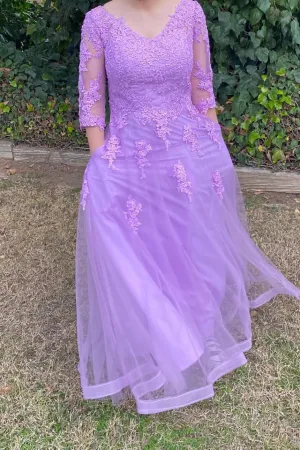 Mother of The Bride Dresses Lace Appliques Wedding Guest Dress Long V Neck Formal Evening Gowns with Pockets