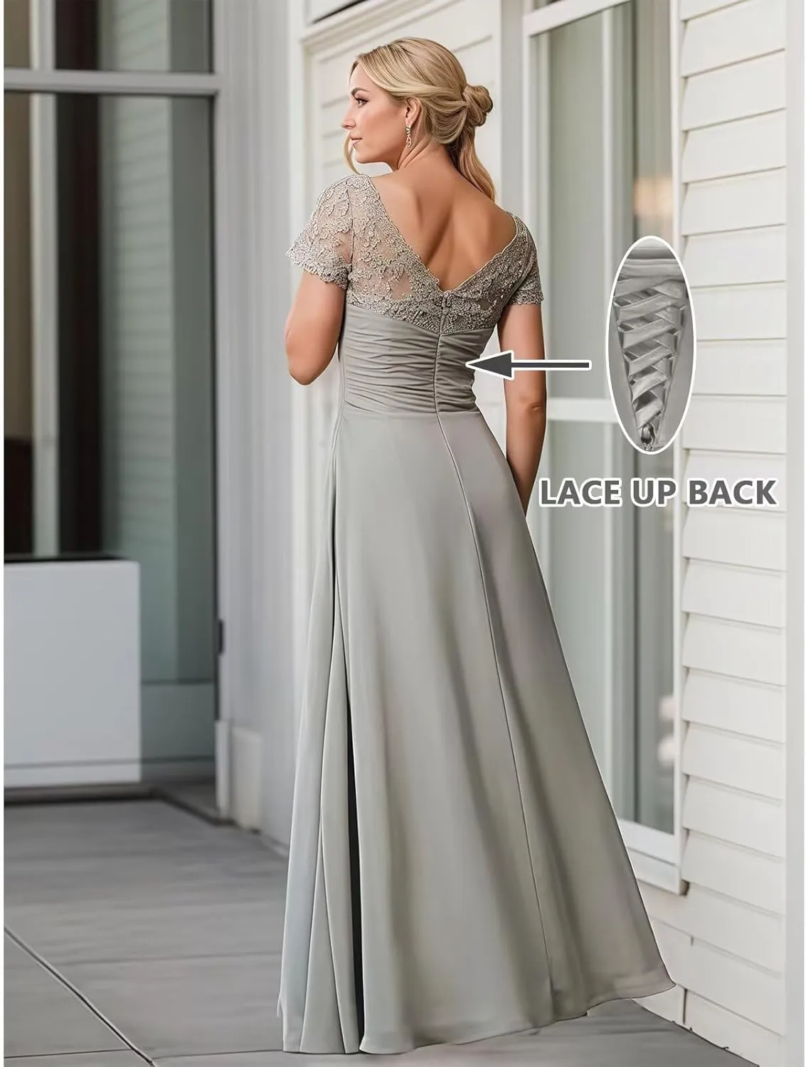 Mother of The Bride Dresses Ruched Lace Chiffon Prom Dresses Short Sleeves V-Neck Formal Evening Gowns Long