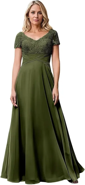 Mother of The Bride Dresses Ruched Lace Chiffon Prom Dresses Short Sleeves V-Neck Formal Evening Gowns Long