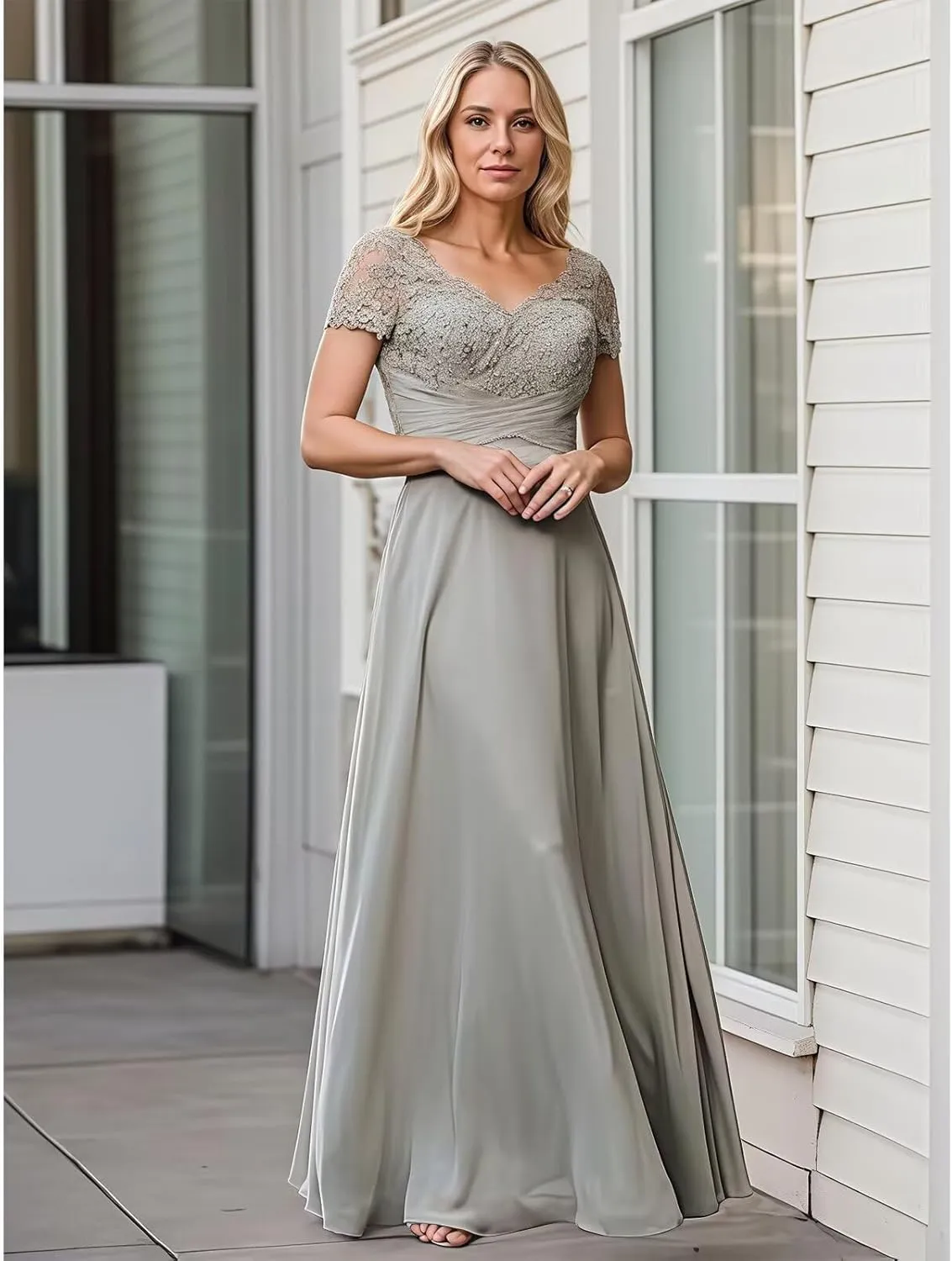 Mother of The Bride Dresses Ruched Lace Chiffon Prom Dresses Short Sleeves V-Neck Formal Evening Gowns Long