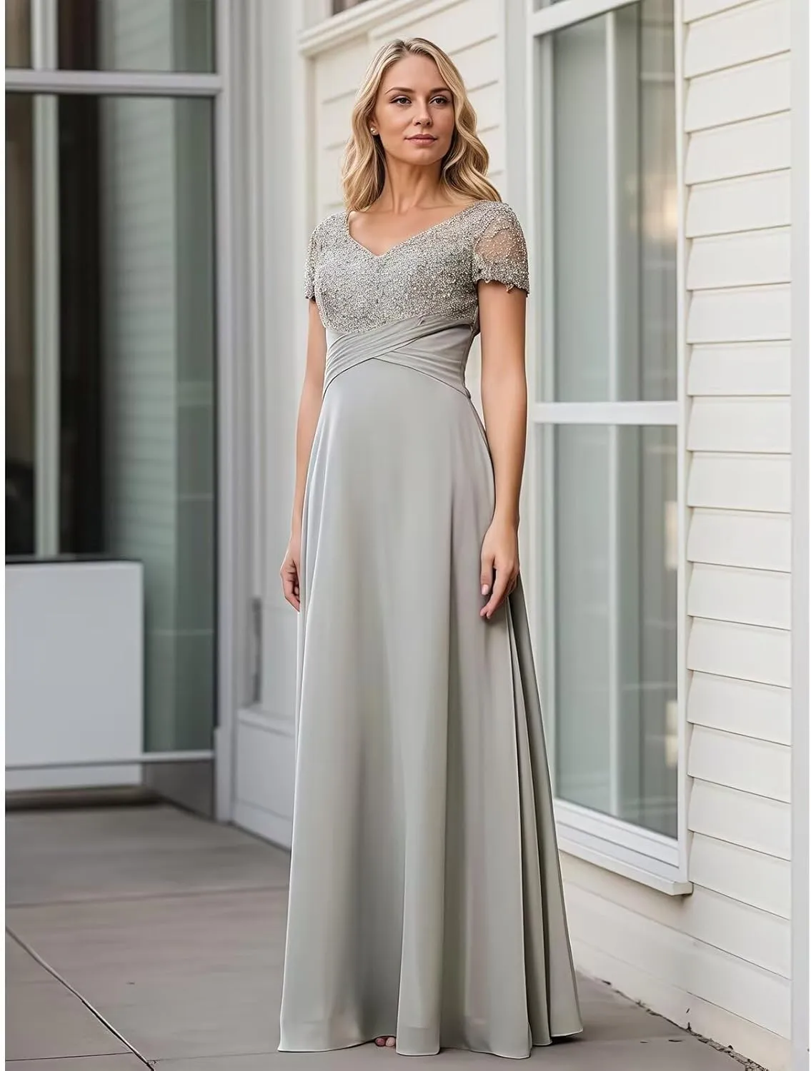 Mother of The Bride Dresses Ruched Lace Chiffon Prom Dresses Short Sleeves V-Neck Formal Evening Gowns Long
