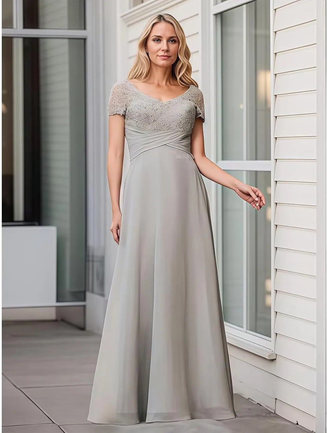 Mother of The Bride Dresses Ruched Lace Chiffon Prom Dresses Short Sleeves V-Neck Formal Evening Gowns Long