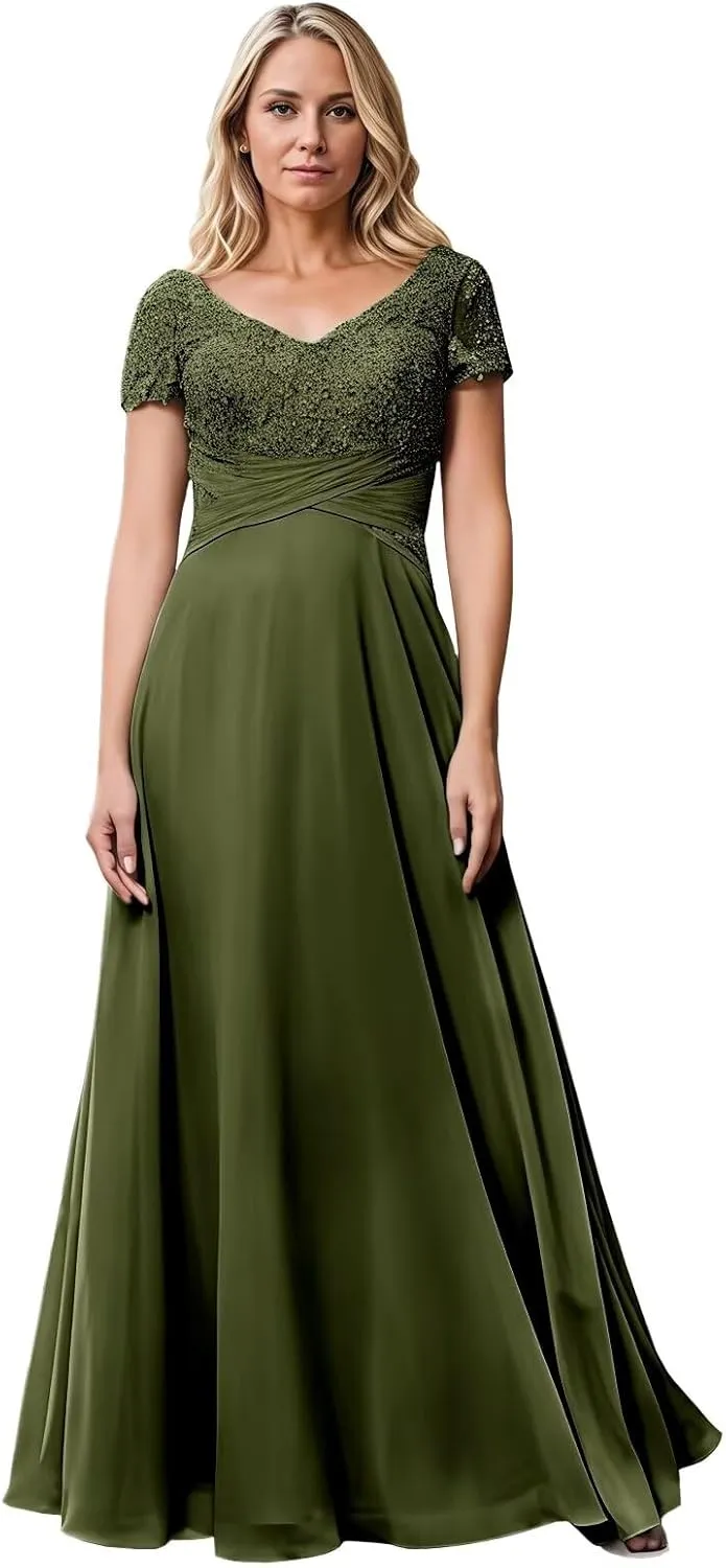 Mother of The Bride Dresses Ruched Lace Chiffon Prom Dresses Short Sleeves V-Neck Formal Evening Gowns Long