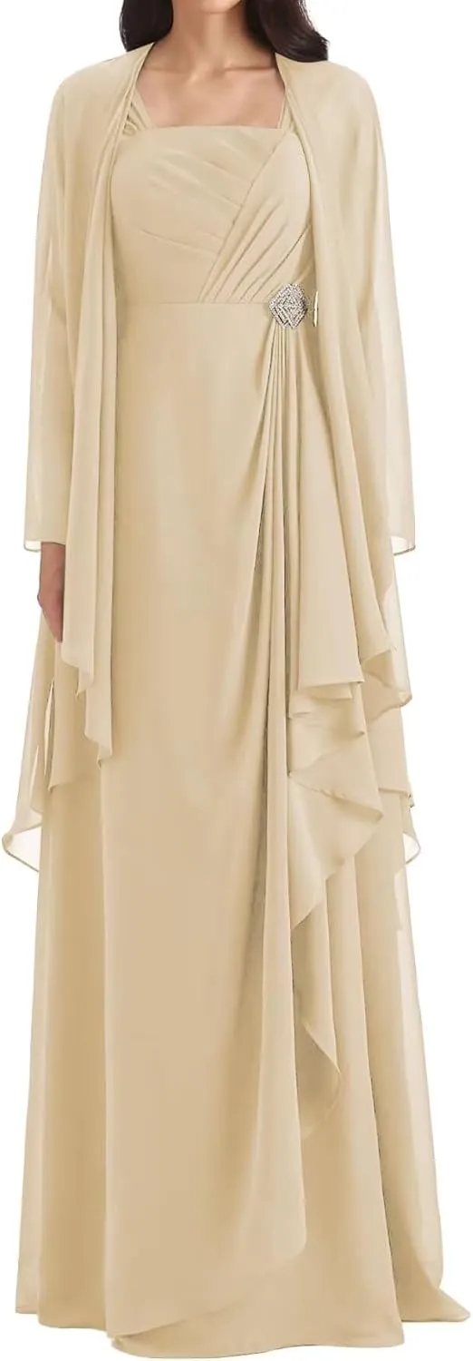 Mother of The Bride Dresses with Jacket Pleated Ruffles Formal Evening Gown 2 Pieces Long Chiffon