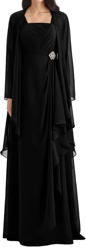Mother of The Bride Dresses with Jacket Pleated Ruffles Formal Evening Gown 2 Pieces Long Chiffon