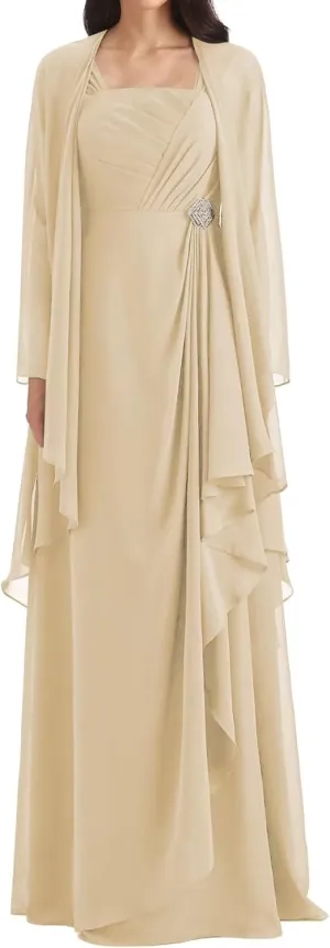 Mother of The Bride Dresses with Jacket Pleated Ruffles Formal Evening Gown 2 Pieces Long Chiffon