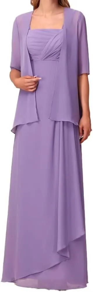 Mother of The Bride Dresses with Jacket Ruffles Formal Evening Gown 2 Pieces Long Chiffon Evening Party Gown