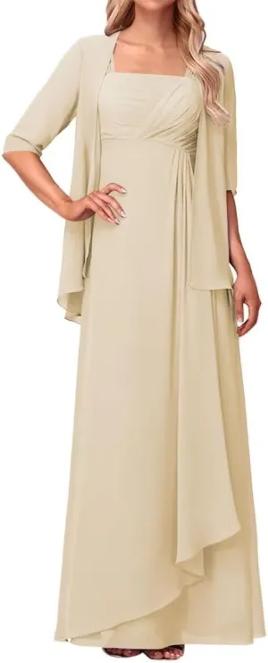 Mother of The Bride Dresses with Jacket Ruffles Formal Evening Gown 2 Pieces Long Chiffon Evening Party Gown
