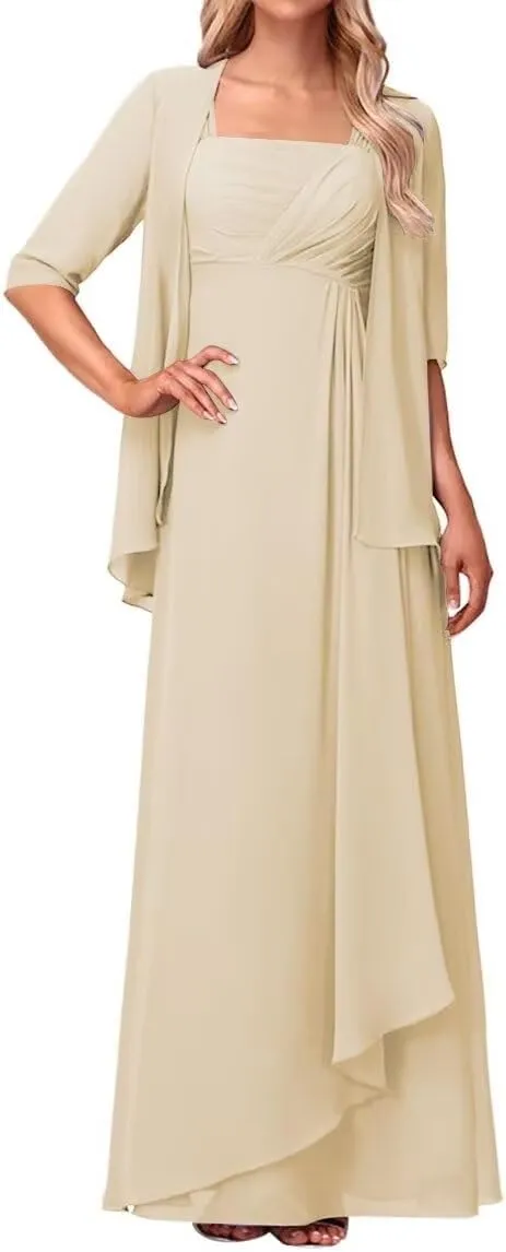 Mother of The Bride Dresses with Jacket Ruffles Formal Evening Gown 2 Pieces Long Chiffon Evening Party Gown