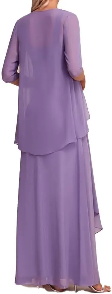 Mother of The Bride Dresses with Jacket Ruffles Formal Evening Gown 2 Pieces Long Chiffon Evening Party Gown