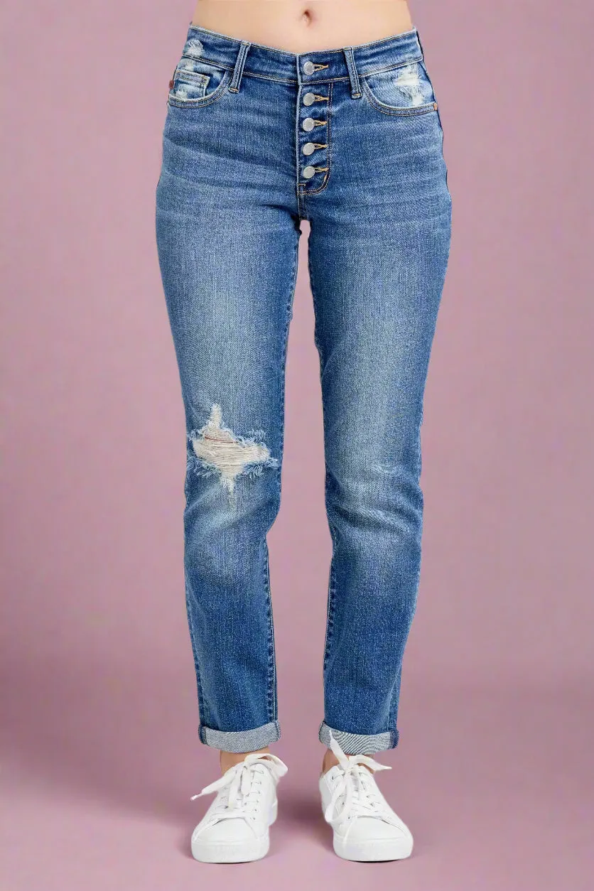 MR Button Fly Boyfriend Jean JB114 Medium Wash
