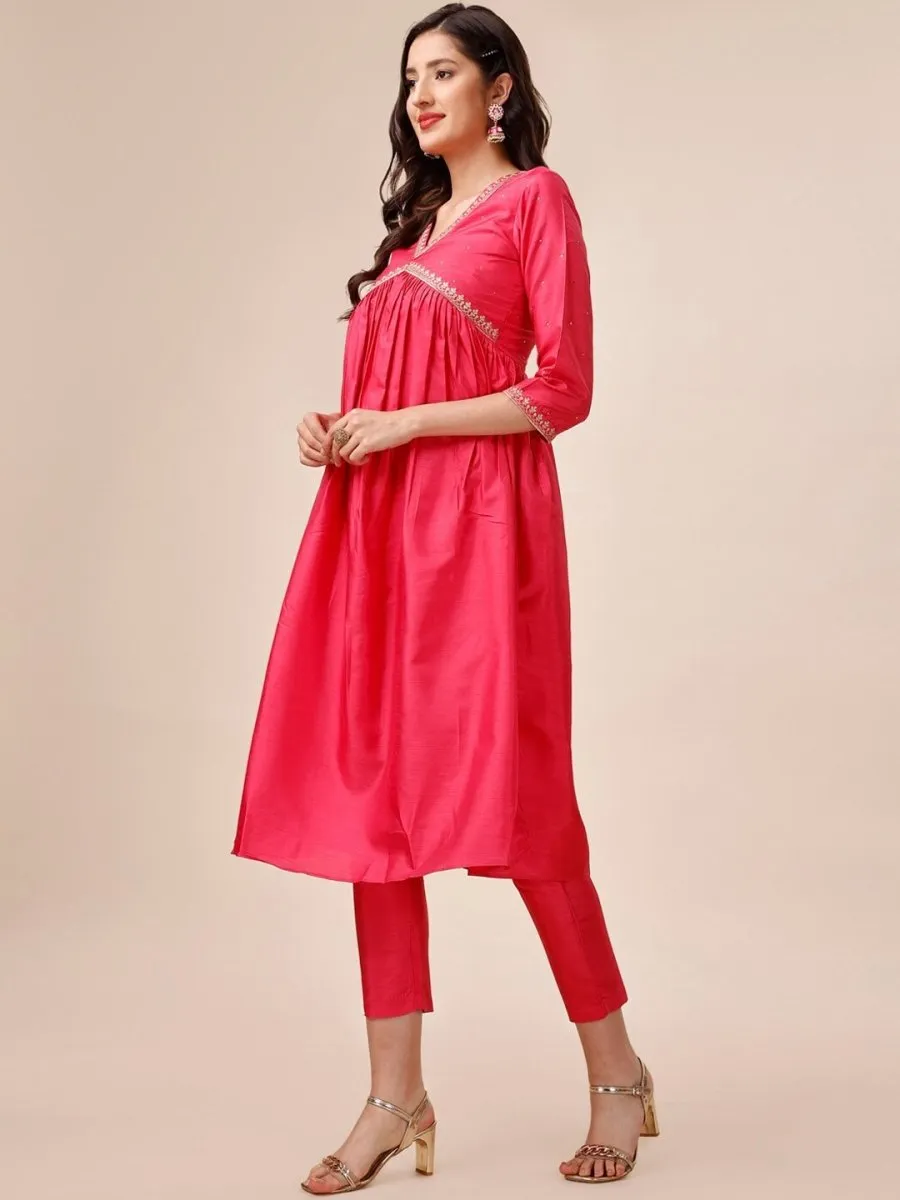 Mukaish Embroidered Yoke Design A-Line Kurta With Trousers
