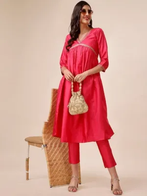 Mukaish Embroidered Yoke Design A-Line Kurta With Trousers
