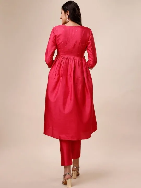 Mukaish Embroidered Yoke Design A-Line Kurta With Trousers