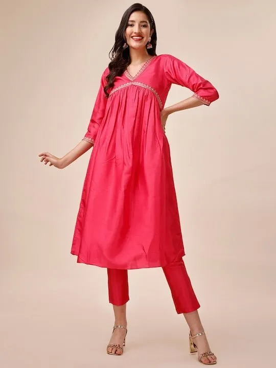 Mukaish Embroidered Yoke Design A-Line Kurta With Trousers
