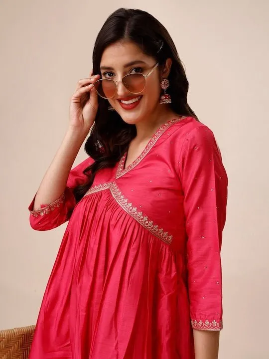 Mukaish Embroidered Yoke Design A-Line Kurta With Trousers