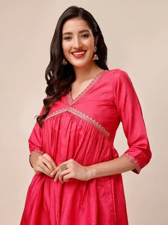 Mukaish Embroidered Yoke Design A-Line Kurta With Trousers