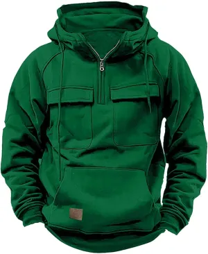 Muscularfit Mens Big and Tall Hoodies Casual Long Sleeve Multi Pockets Cargo Quarter Zip Pullover Sweatshirt Drawstring Shirt