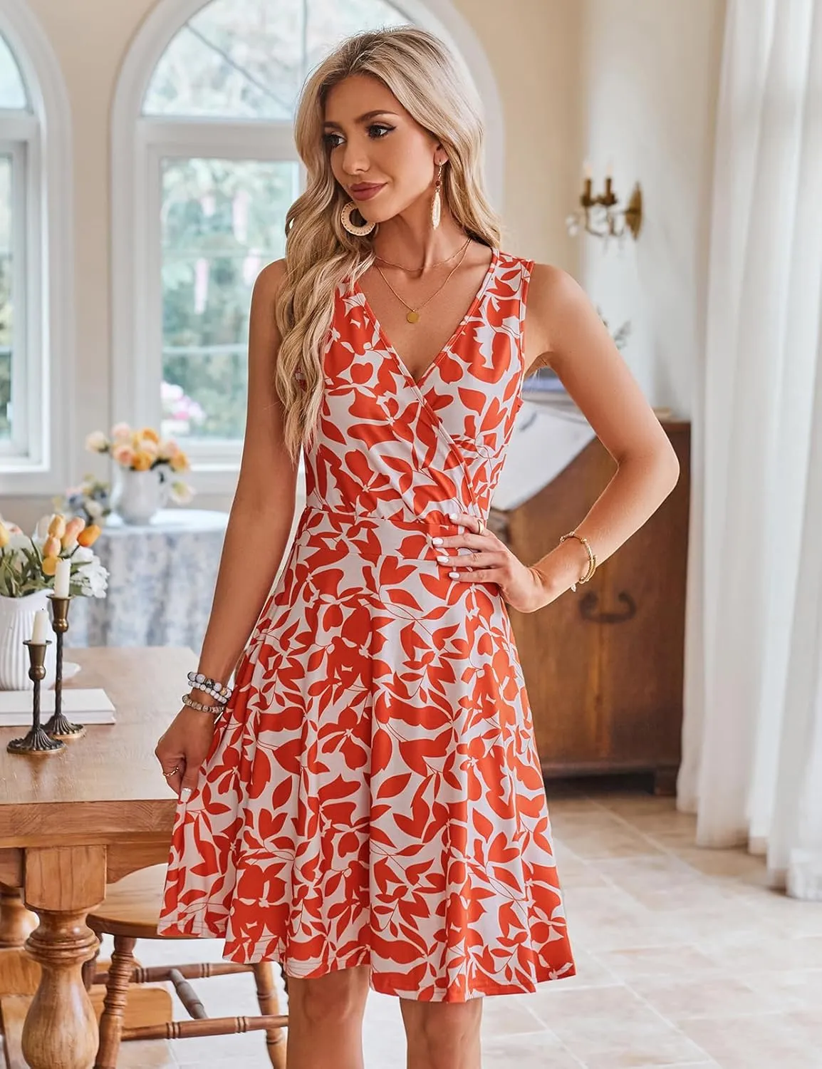 Naggoo Sundresses for Women Summer Casual Faux Wrap V Neck Floral Short Tank Dress with Pockets