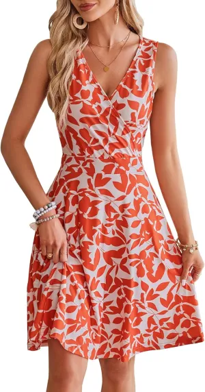 Naggoo Sundresses for Women Summer Casual Faux Wrap V Neck Floral Short Tank Dress with Pockets