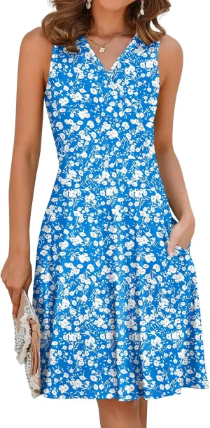 Naggoo Sundresses for Women Summer Casual Faux Wrap V Neck Floral Short Tank Dress with Pockets