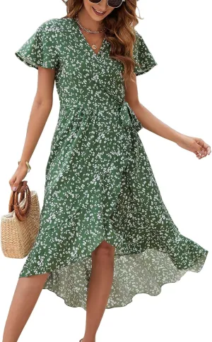 Naggoo Women's Summer Wrap Floral V Neck Ruffle Short Sleeve Beach Midi Dress