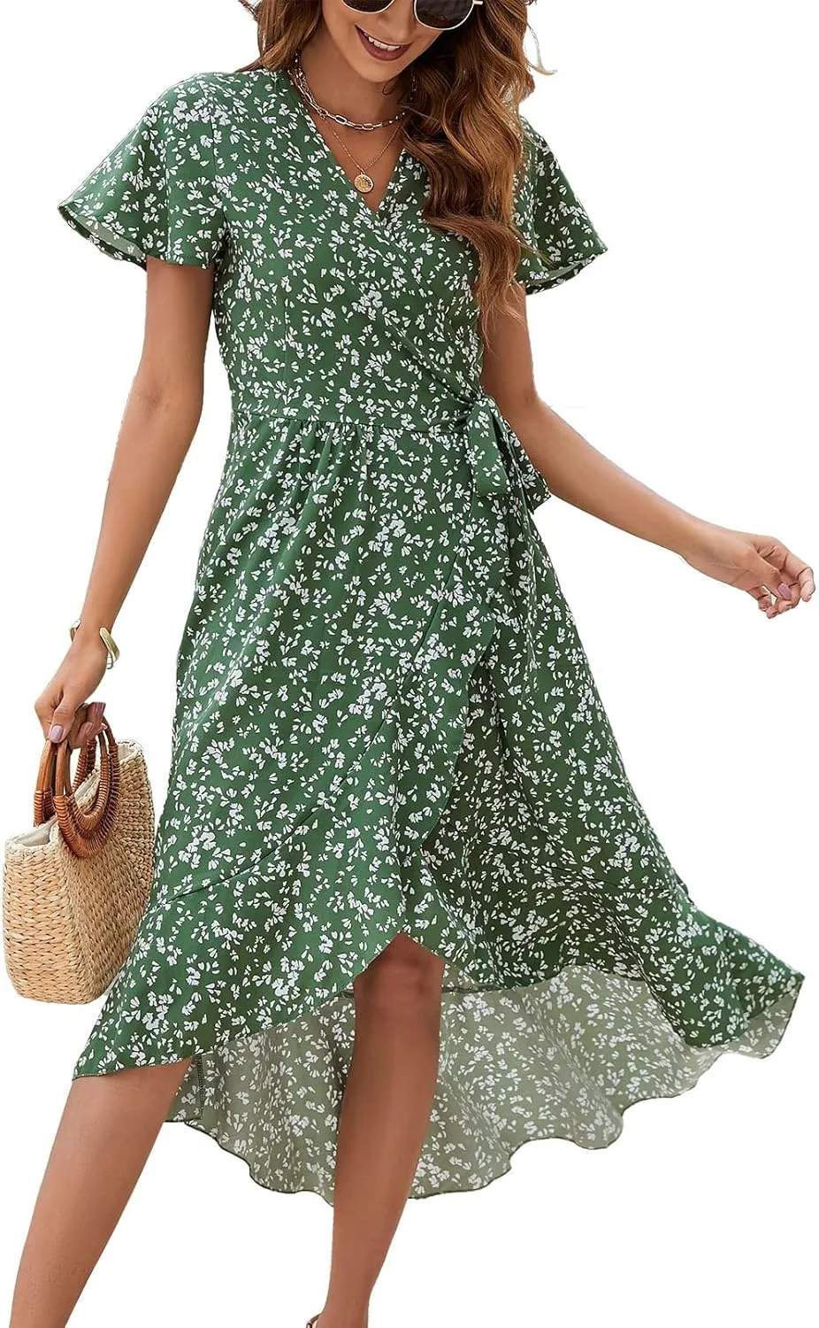 Naggoo Women's Summer Wrap Floral V Neck Ruffle Short Sleeve Beach Midi Dress