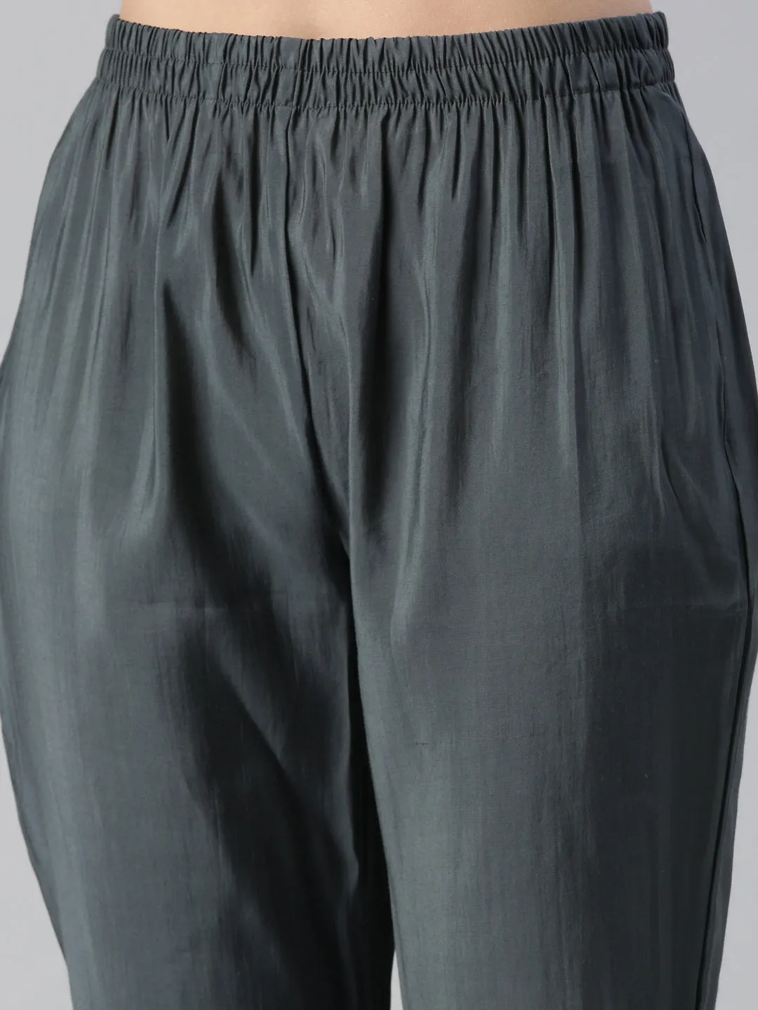 Neeru's Women Grey Yoke Design Calf Length Kurta And Trousers With Dupatta