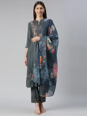 Neeru's Women Grey Yoke Design Calf Length Kurta And Trousers With Dupatta